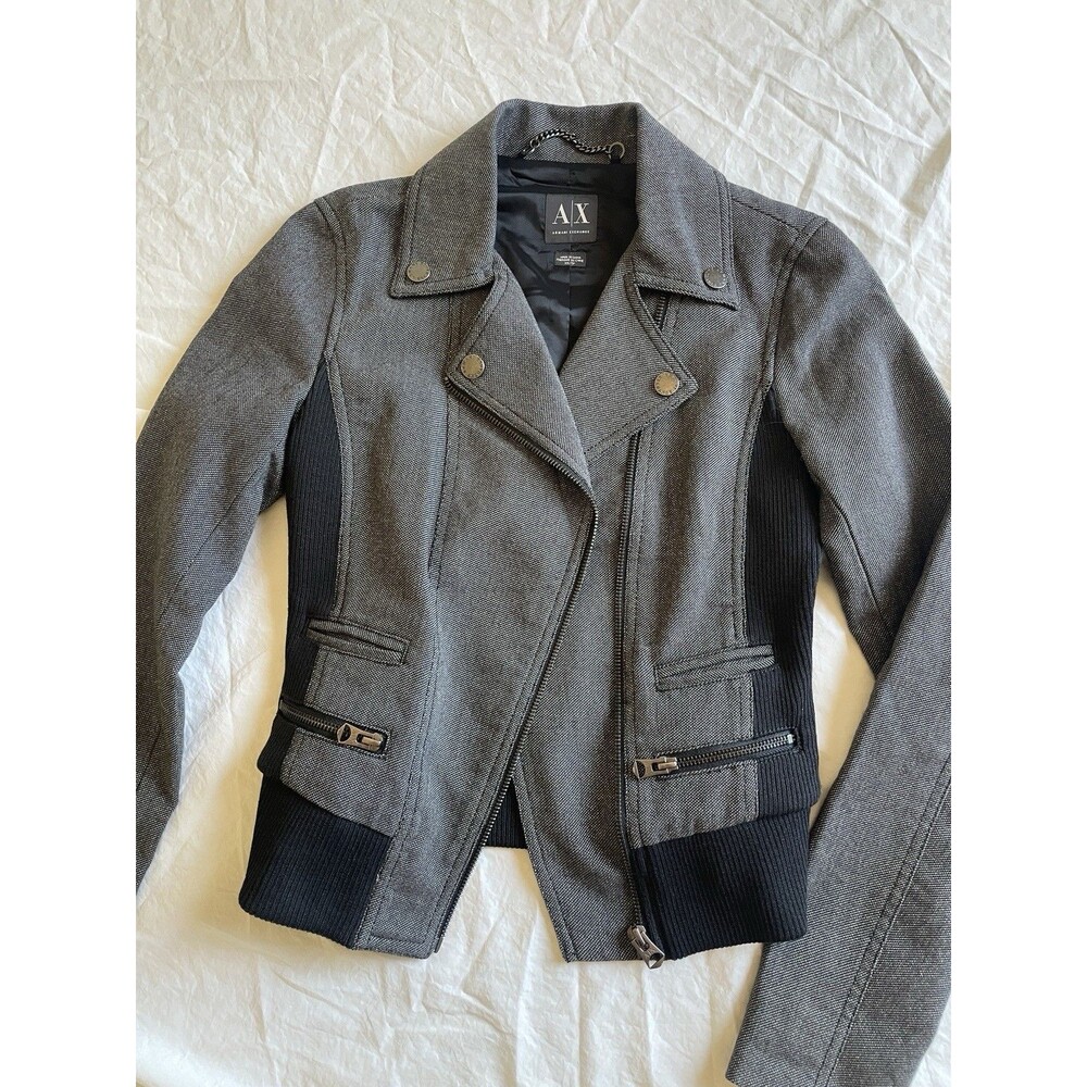 Armani Exchange Moto Jacket Two Tone Gray and Black Ribbed Knit Women's XS